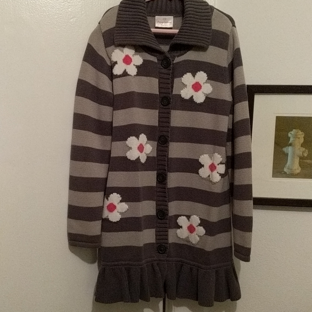 Girls cardigan gray, light gray stripe pink flower